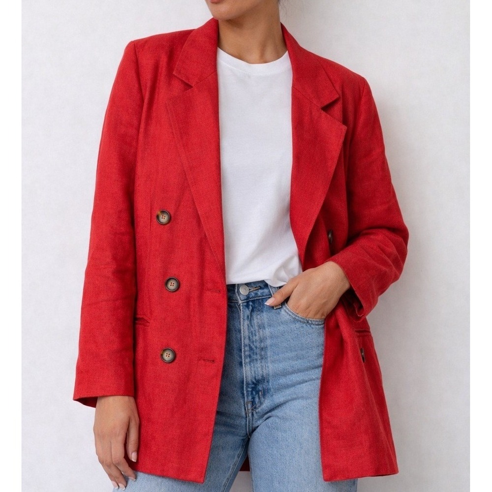 90sβ Minimalist Harve Bernard Red Linen Blazer Jacket Womens L Double Breasted